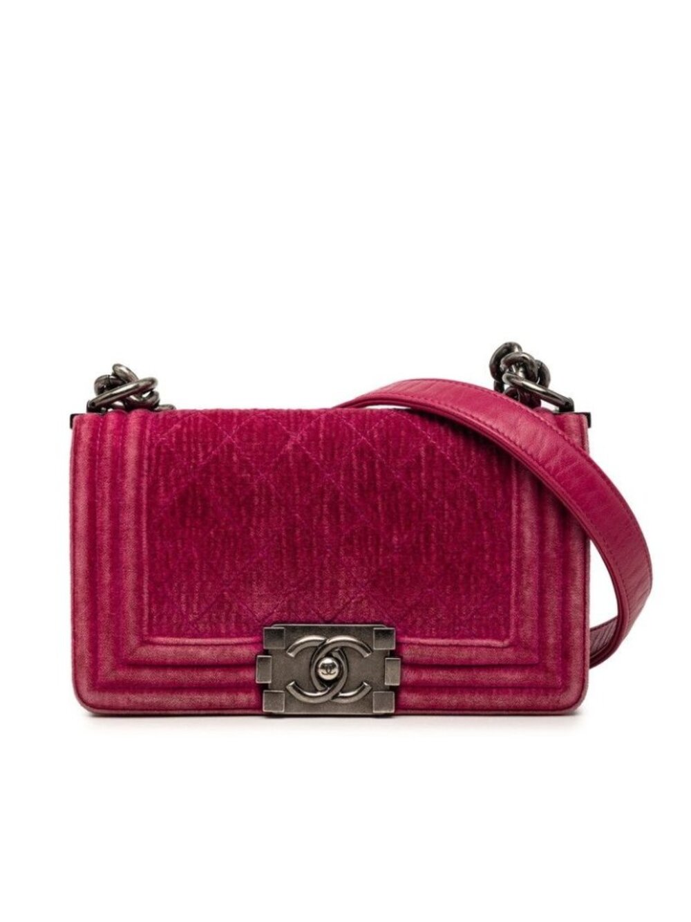 Chanel CC Logo Boy Chain Shoulder Bag Pink Velour Leather